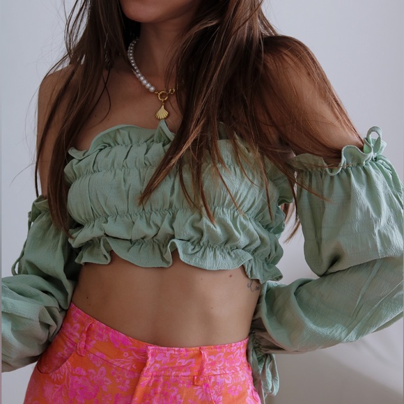 Sage green ruched off-the-shoulder crop top - Picture 3 of 4